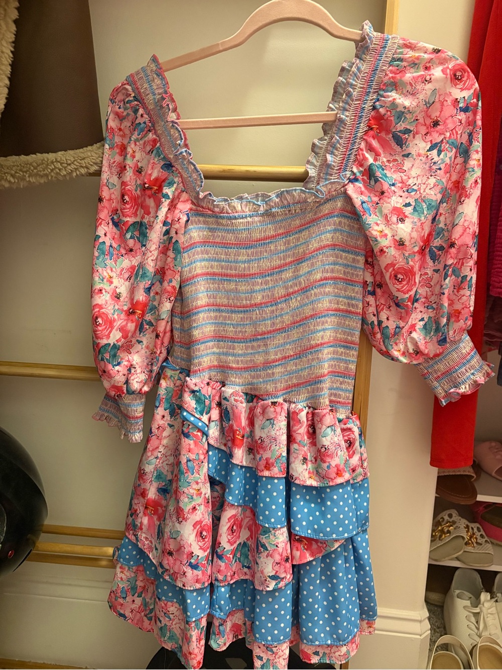 Girls' Pink Floral & Blue Polka Dot Tiered Dress